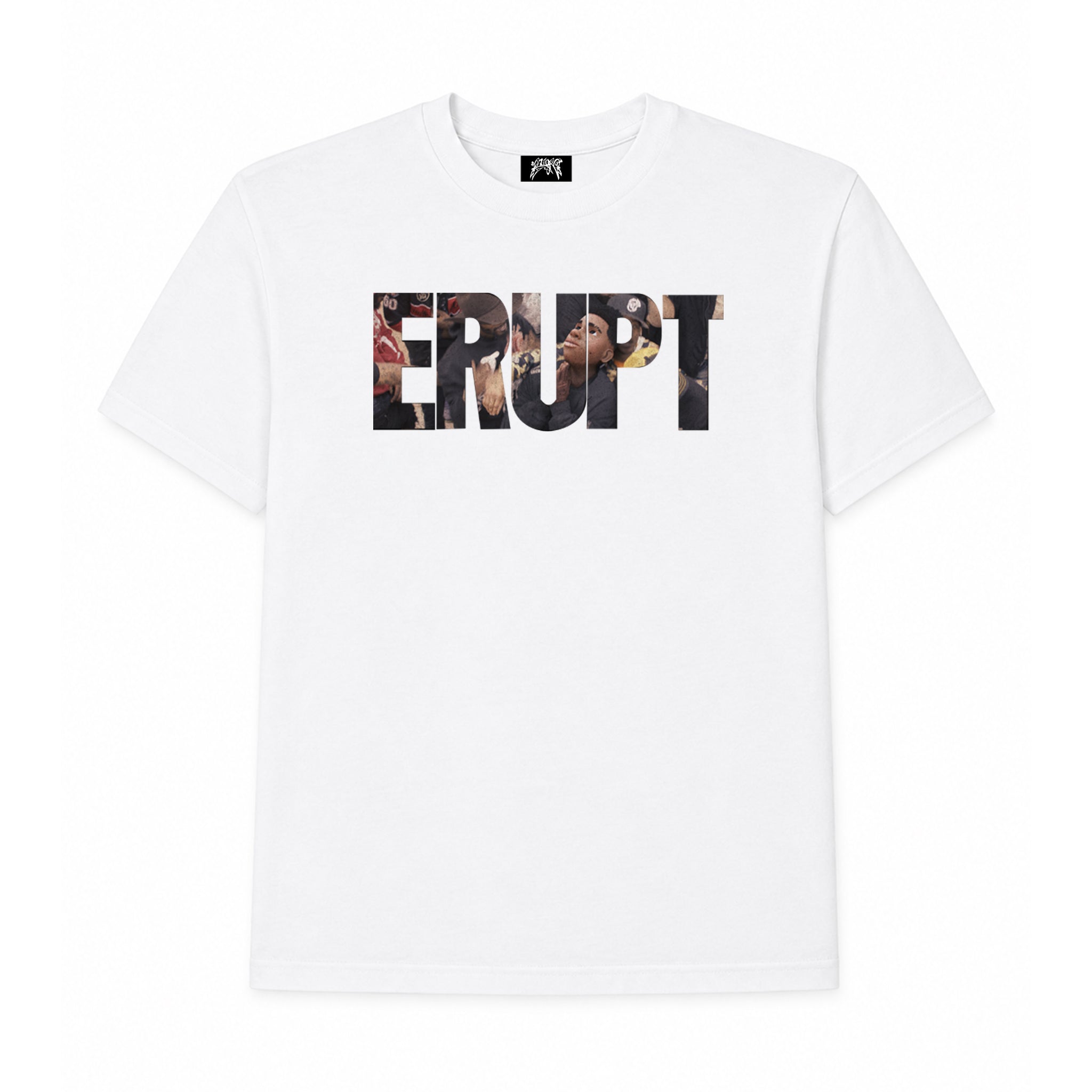 White t-shirt with 'ERUPT' graphic