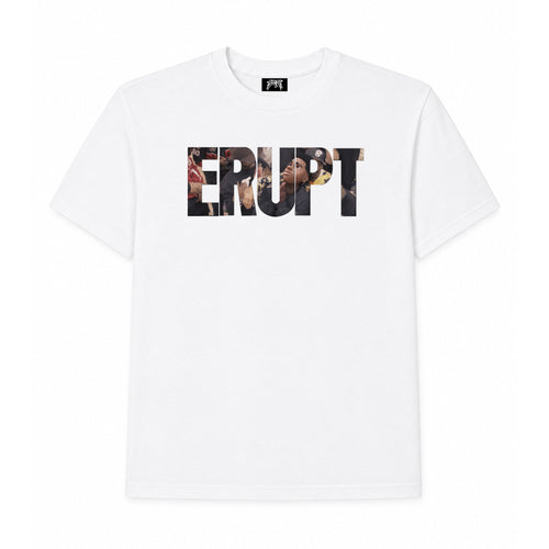 White t-shirt with 'ERUPT' graphic