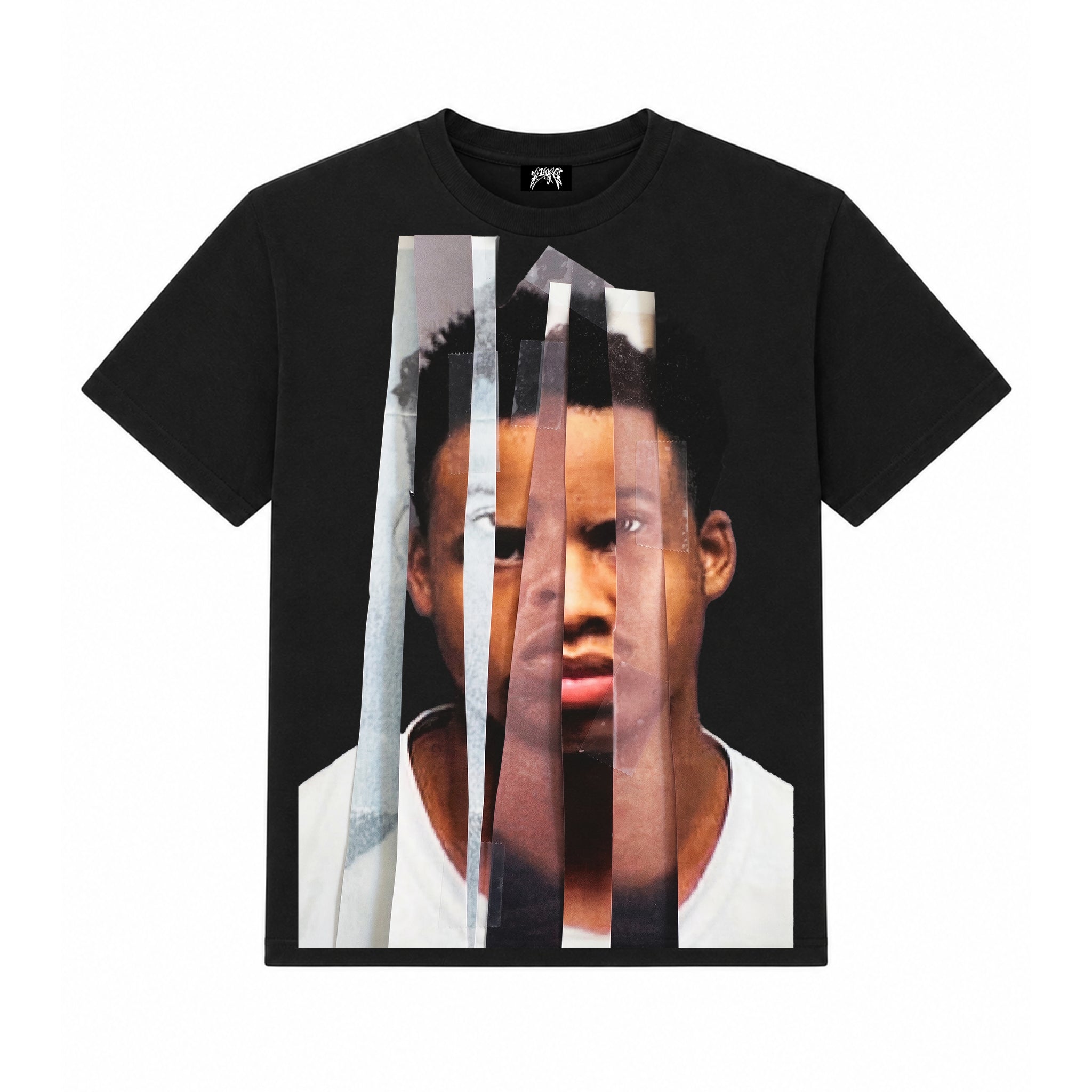 Black t-shirt with a graphic design of a person's face on a white background