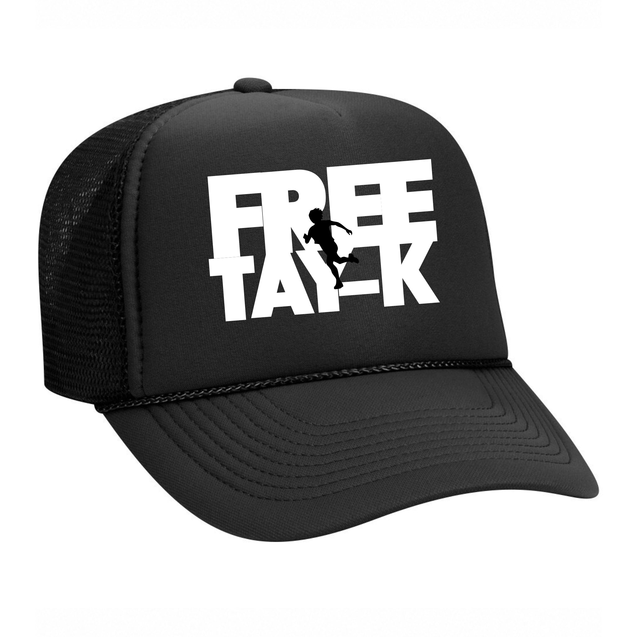 Black cap with 'FREE TALK' text and graphic on a white background